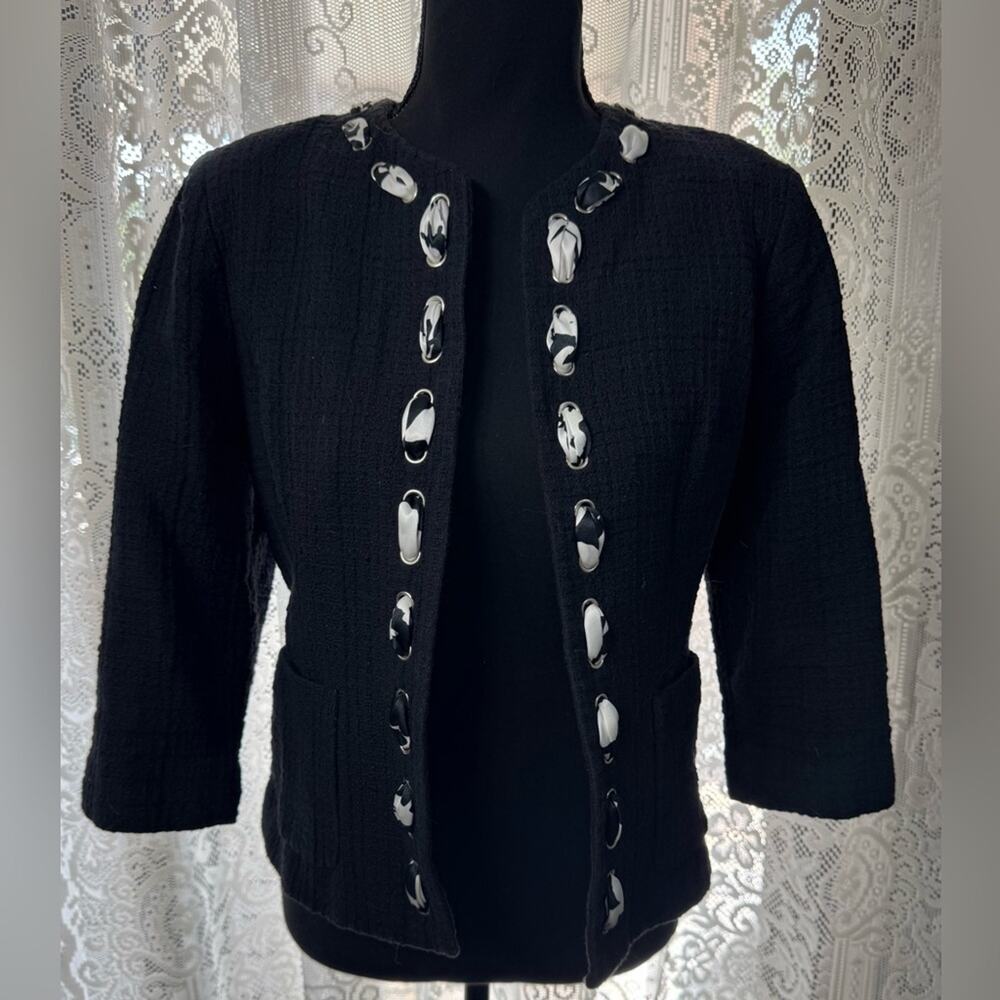 Jones NY New York Womens Sz 4 Black Blazer Floral Accent Scarf Waffle Knit
